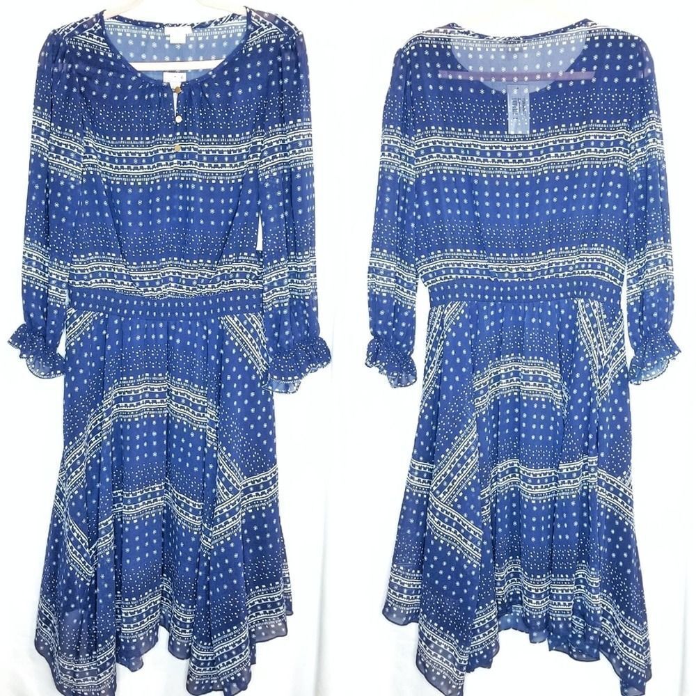Shoshanna Blue Pacific Print Handkerchief Hem Dress